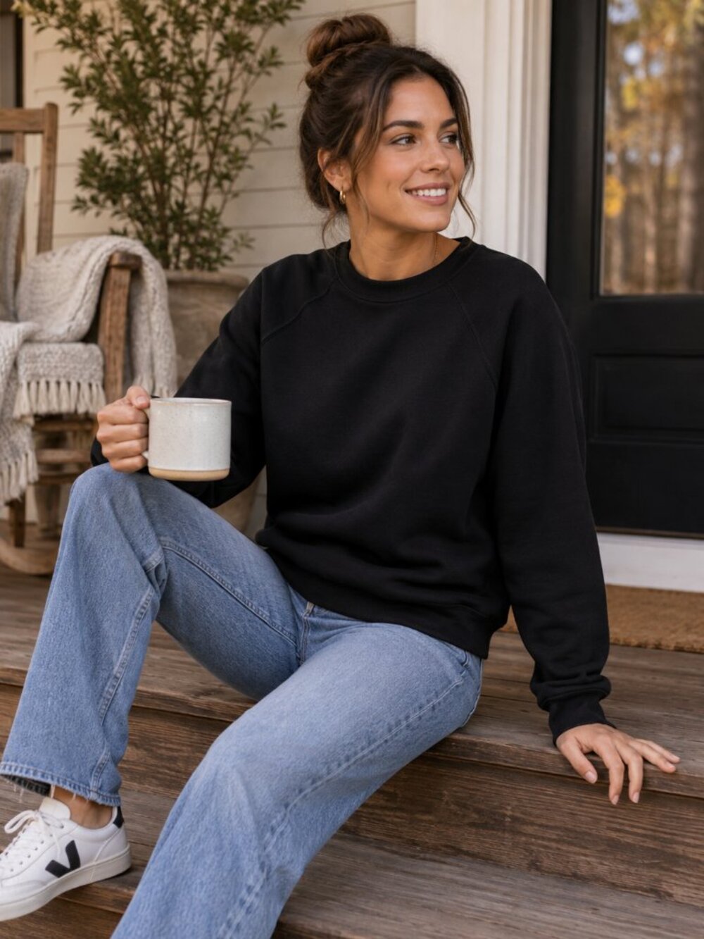 Quince Black Crewneck Raglan Sweatshirt Pullover Minimalist Womens Size M